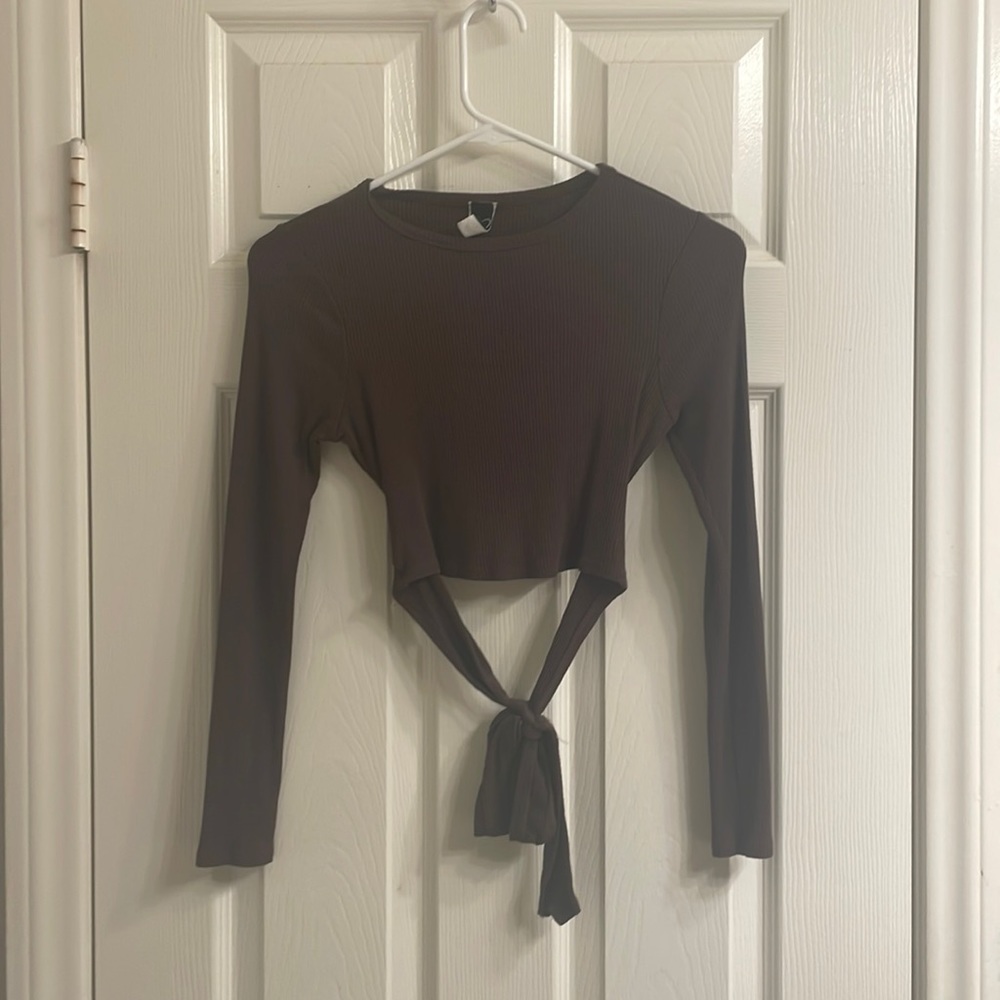 Brown Crop Long Sleeve with Tie and Open Back